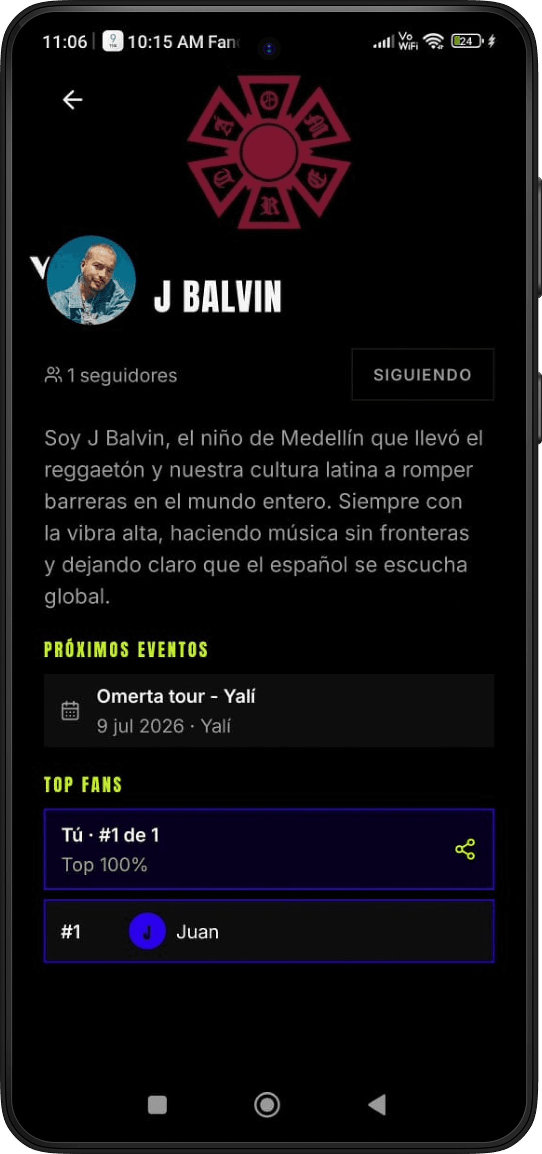 Perfil de ídolo con el ranking de fans en la app Fandi